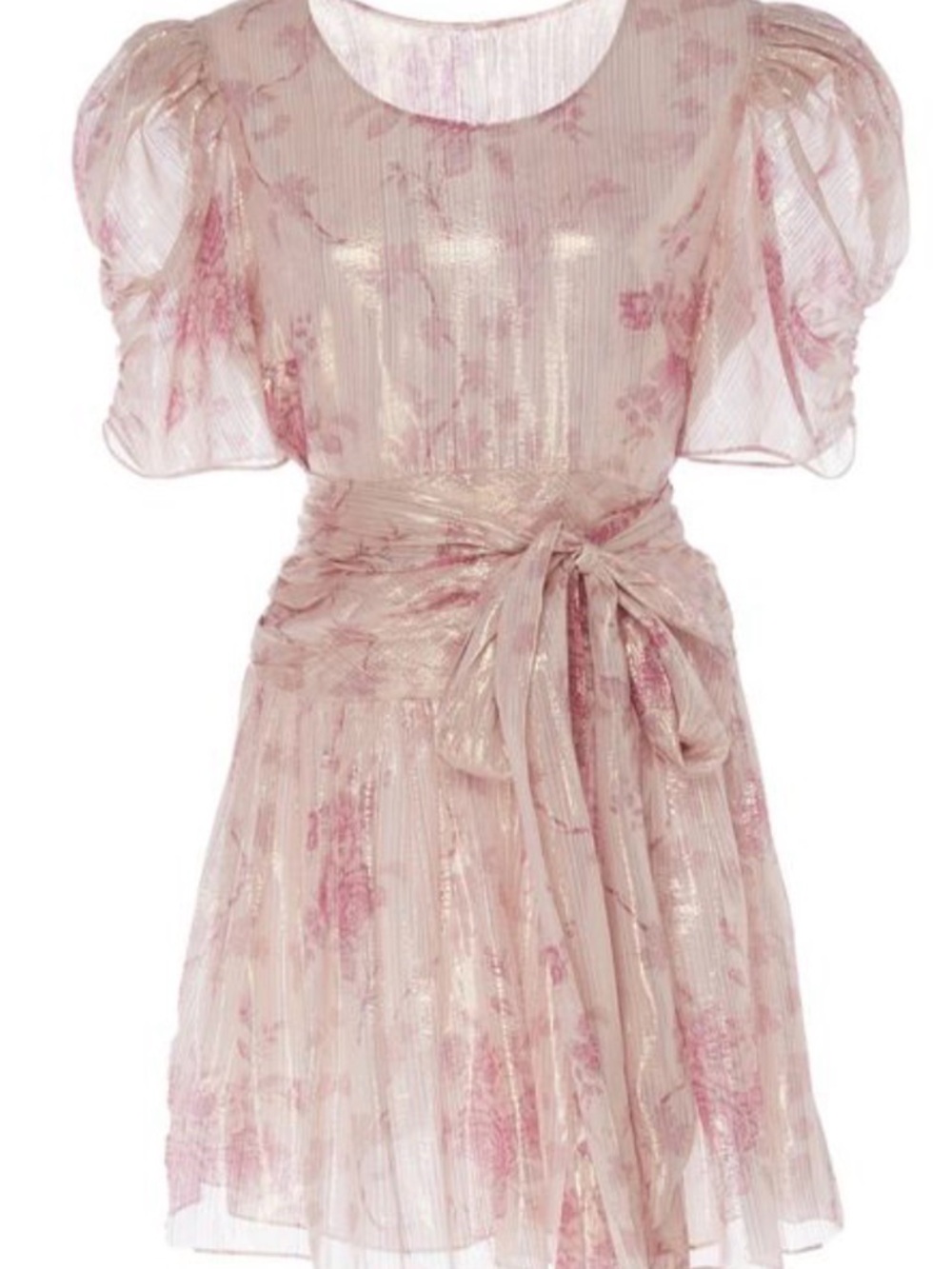 LoveShackFancy Rose-Print Pink Metallic Girls Dress with Sash
